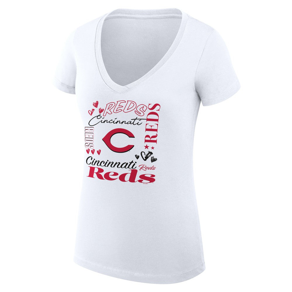 MLB Cincinnati Reds G-III 4Her by Carl Banks Women's Super-Slim Fit Lightweight Collage Team Graphic V-Neck T-Shirt