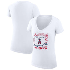 MLB Los Angeles Angels G-III 4Her by Carl Banks Women's Super-Slim Fit Lightweight Collage Team Graphic V-Neck T-Shirt