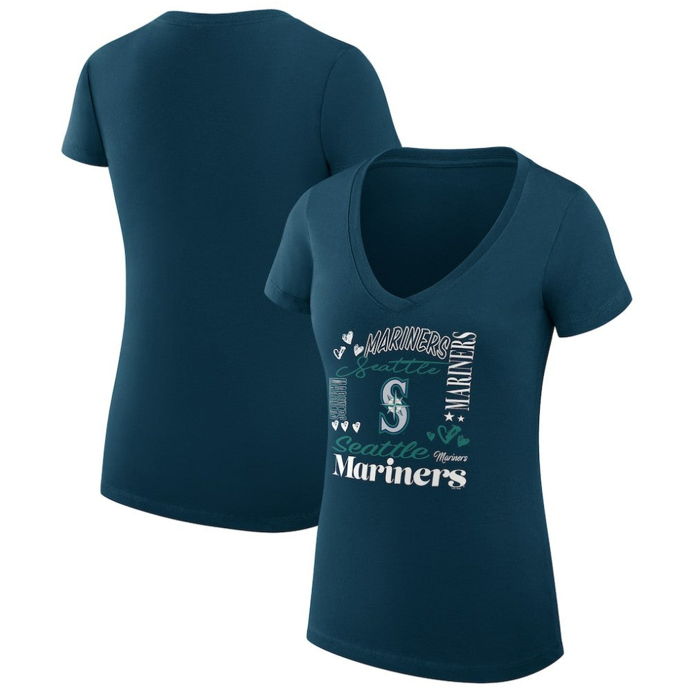 MLB Seattle Mariners G-III 4Her by Carl Banks Women's Super-Slim Fit Lightweight Collage Team Graphic V-Neck T-Shirt