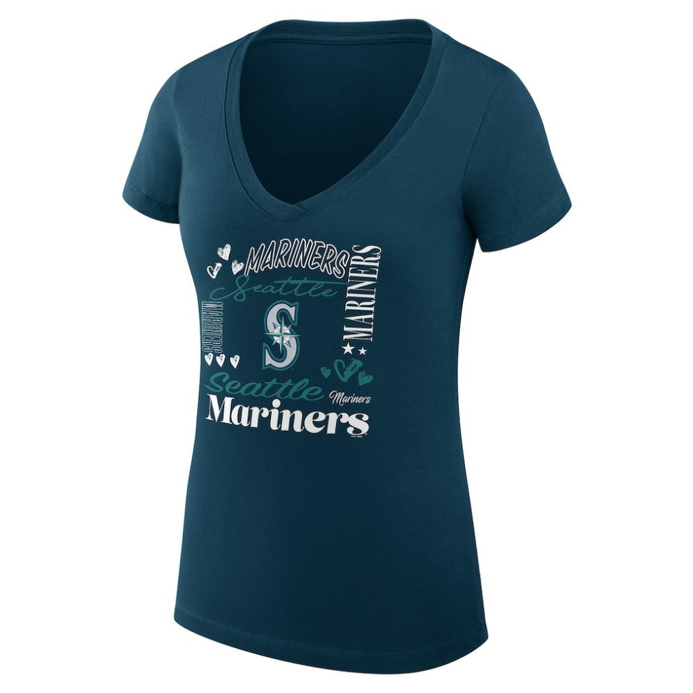 MLB Seattle Mariners G-III 4Her by Carl Banks Women's Super-Slim Fit Lightweight Collage Team Graphic V-Neck T-Shirt