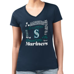 MLB Seattle Mariners G-III 4Her by Carl Banks Women's Super-Slim Fit Lightweight Collage Team Graphic V-Neck T-Shirt