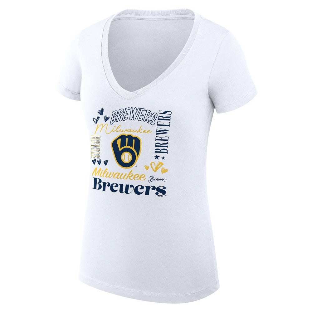 MLB Milwaukee Brewers G-III 4Her by Carl Banks Women's Super-Slim Fit Lightweight Collage Team Graphic V-Neck T-Shirt