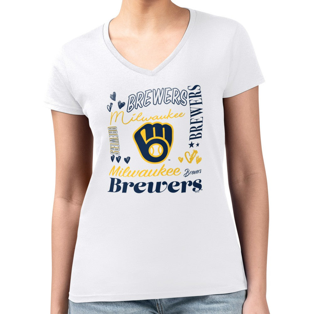 MLB Milwaukee Brewers G-III 4Her by Carl Banks Women's Super-Slim Fit Lightweight Collage Team Graphic V-Neck T-Shirt