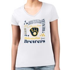 MLB Milwaukee Brewers G-III 4Her by Carl Banks Women's Super-Slim Fit Lightweight Collage Team Graphic V-Neck T-Shirt