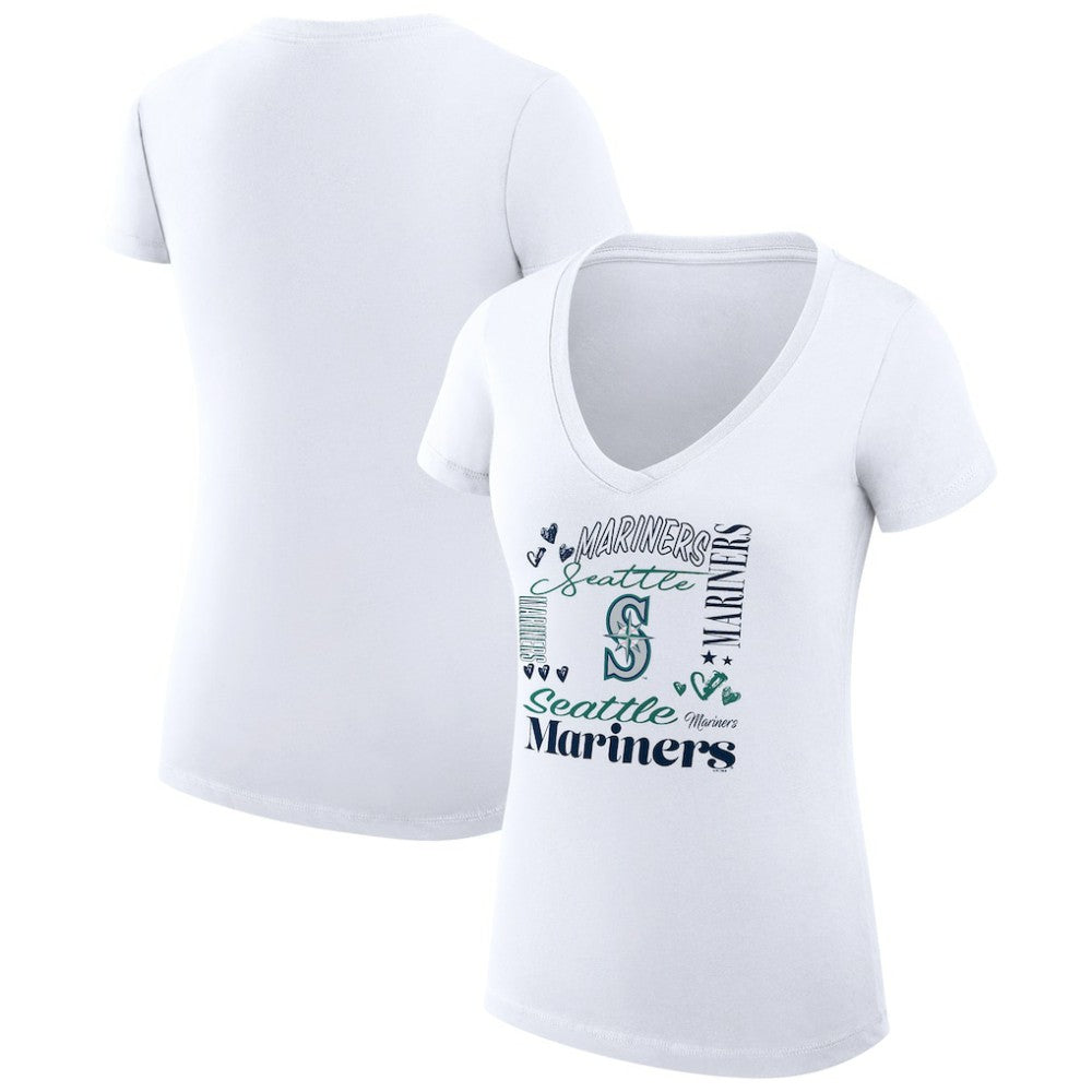 MLB Seattle Mariners G-III 4Her by Carl Banks Women's Super-Slim Fit Lightweight Collage Team Graphic V-Neck T-Shirt