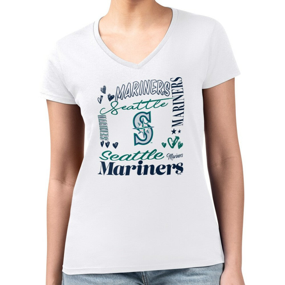 MLB Seattle Mariners G-III 4Her by Carl Banks Women's Super-Slim Fit Lightweight Collage Team Graphic V-Neck T-Shirt