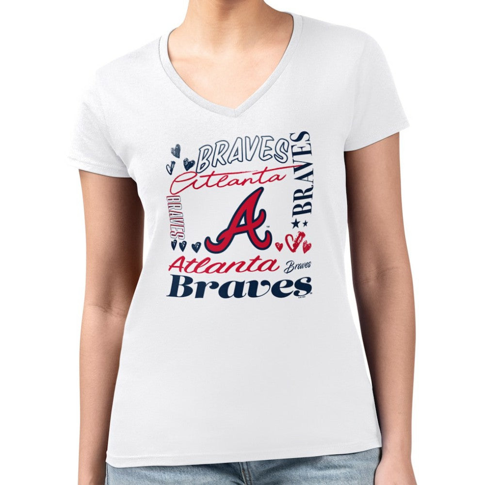 MLB Atlanta Braves G-III 4Her by Carl Banks Women's Super-Slim Fit Lightweight Collage Team Graphic V-Neck T-Shirt