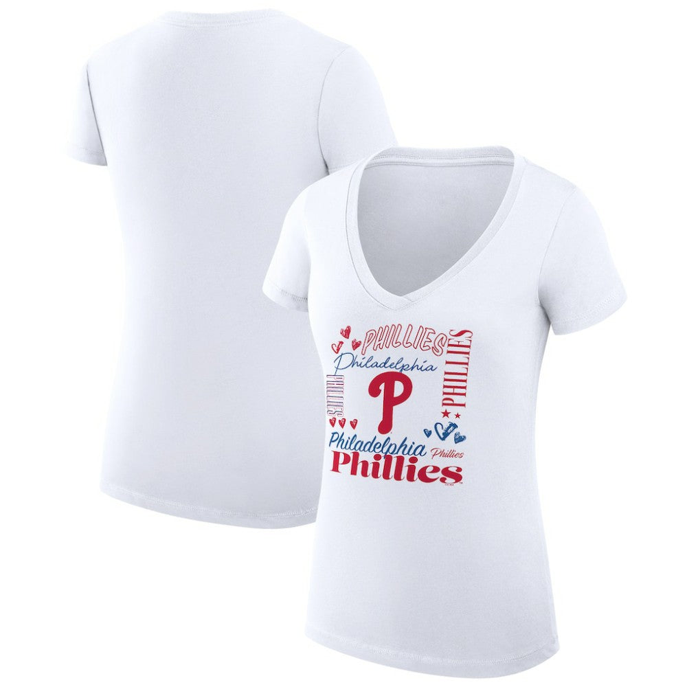 MLB Philadelphia Phillies G-III 4Her by Carl Banks Women's Super-Slim Fit Lightweight Collage Team Graphic V-Neck T-Shirt