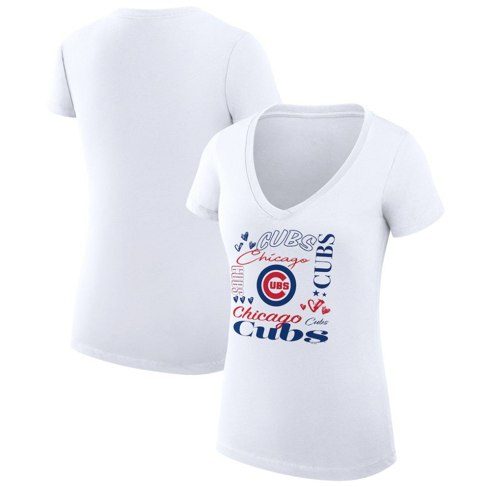 MLB Chicago Cubs G-III 4Her by Carl Banks Women's Super-Slim Fit Lightweight Collage Team Graphic V-Neck T-Shirt