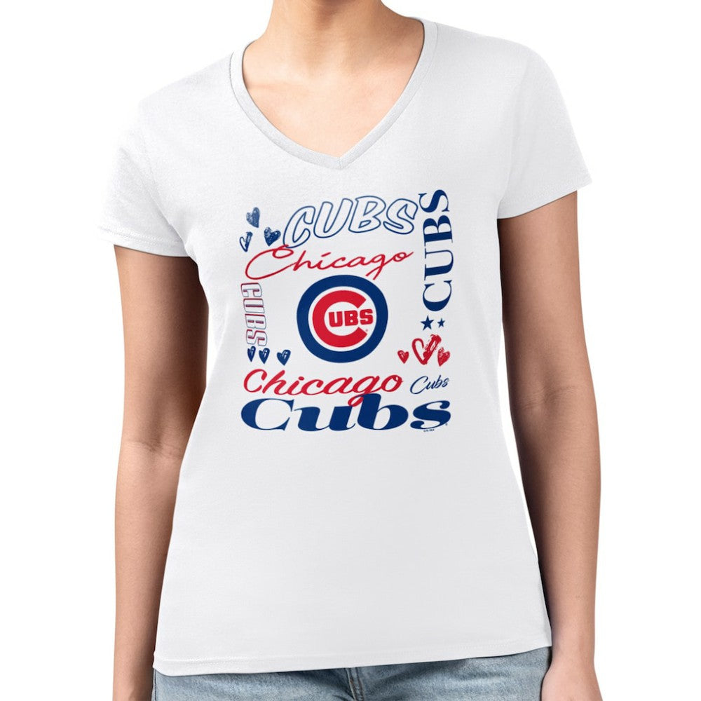 MLB Chicago Cubs G-III 4Her by Carl Banks Women's Super-Slim Fit Lightweight Collage Team Graphic V-Neck T-Shirt