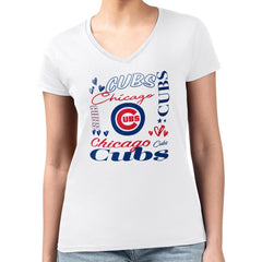 MLB Chicago Cubs G-III 4Her by Carl Banks Women's Super-Slim Fit Lightweight Collage Team Graphic V-Neck T-Shirt