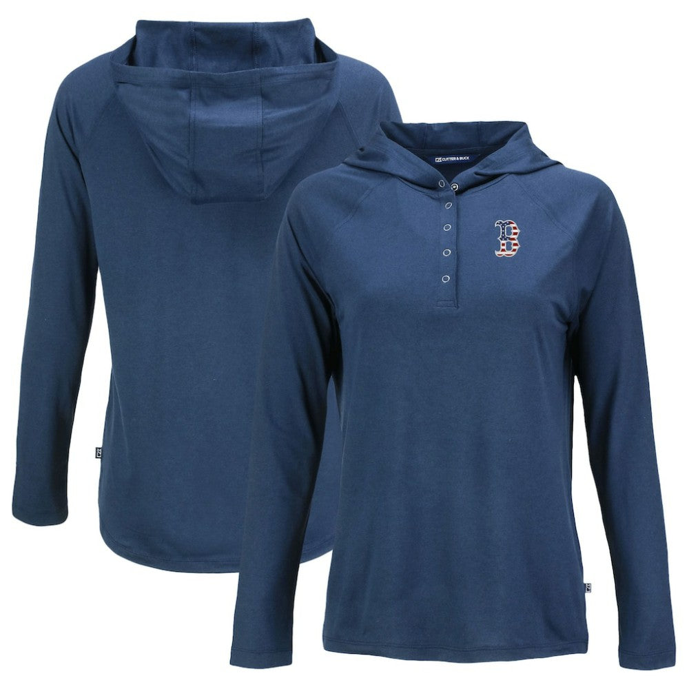 MLB Boston Red Sox Cutter & Buck Women's Stars And Stripes Coastline Epic Comfort Eco Recycled Hoodie Raglan Long Sleeve T-Shirt