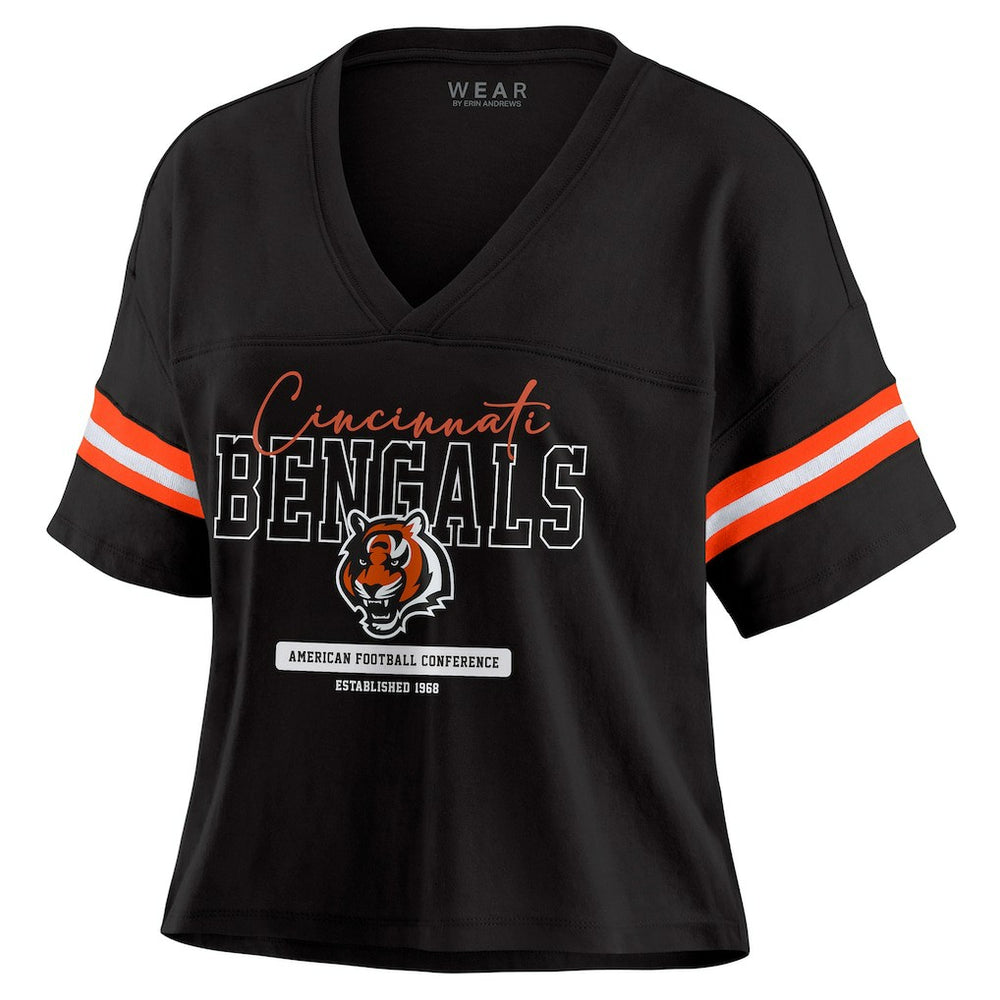 WEAR by Erin Andrews Women's Color Block Boxy Modest Crop V-Neck T-Shirt - Cincinnati Bengals