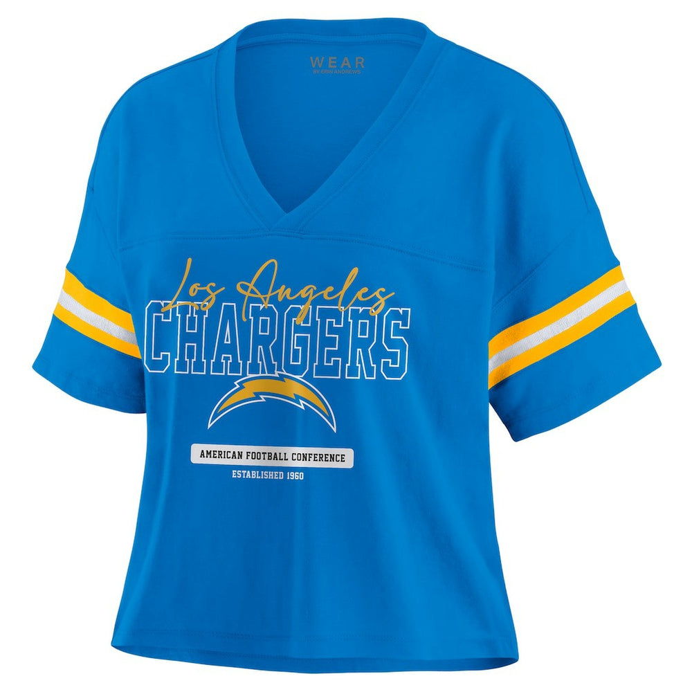 WEAR by Erin Andrews Women's Color Block Boxy Modest Crop V-Neck T-Shirt - Los Angeles Chargers