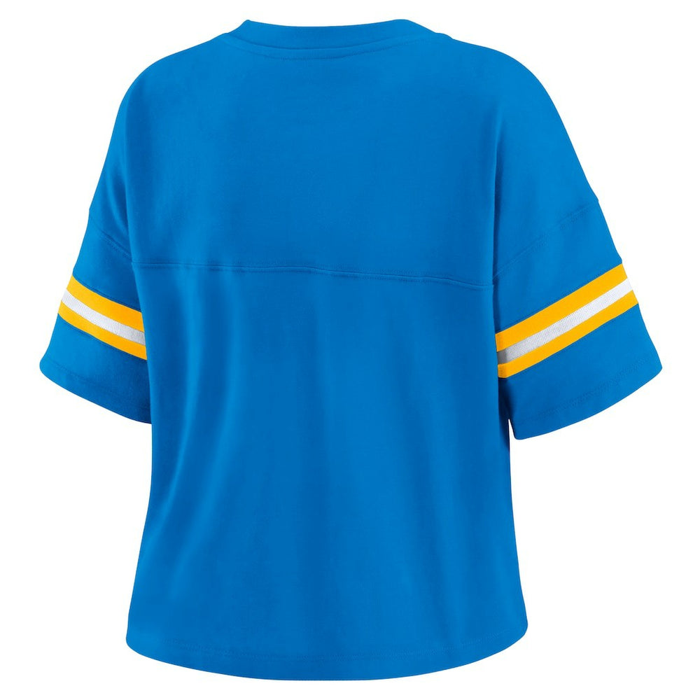 WEAR by Erin Andrews Women's Color Block Boxy Modest Crop V-Neck T-Shirt - Los Angeles Chargers