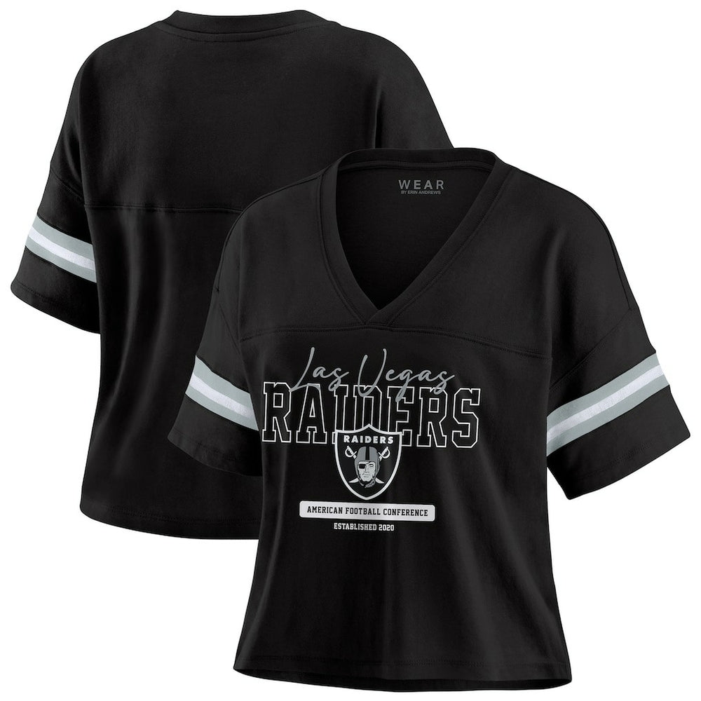 WEAR by Erin Andrews Women's Color Block Boxy Modest Crop V-Neck T-Shirt - Las Vegas Raiders
