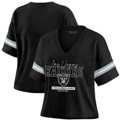 WEAR by Erin Andrews Women's Color Block Boxy Modest Crop V-Neck T-Shirt - Las Vegas Raiders