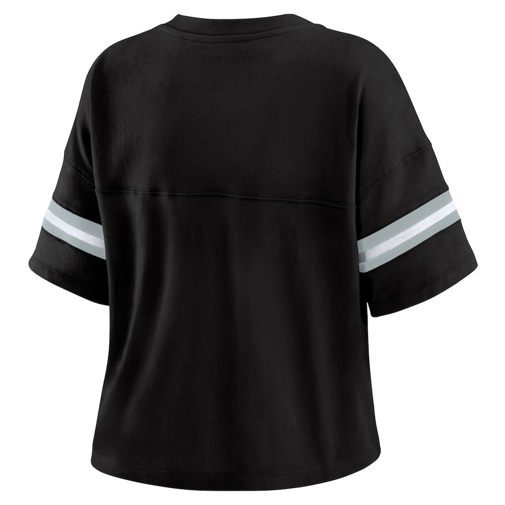 WEAR by Erin Andrews Women's Color Block Boxy Modest Crop V-Neck T-Shirt - Las Vegas Raiders