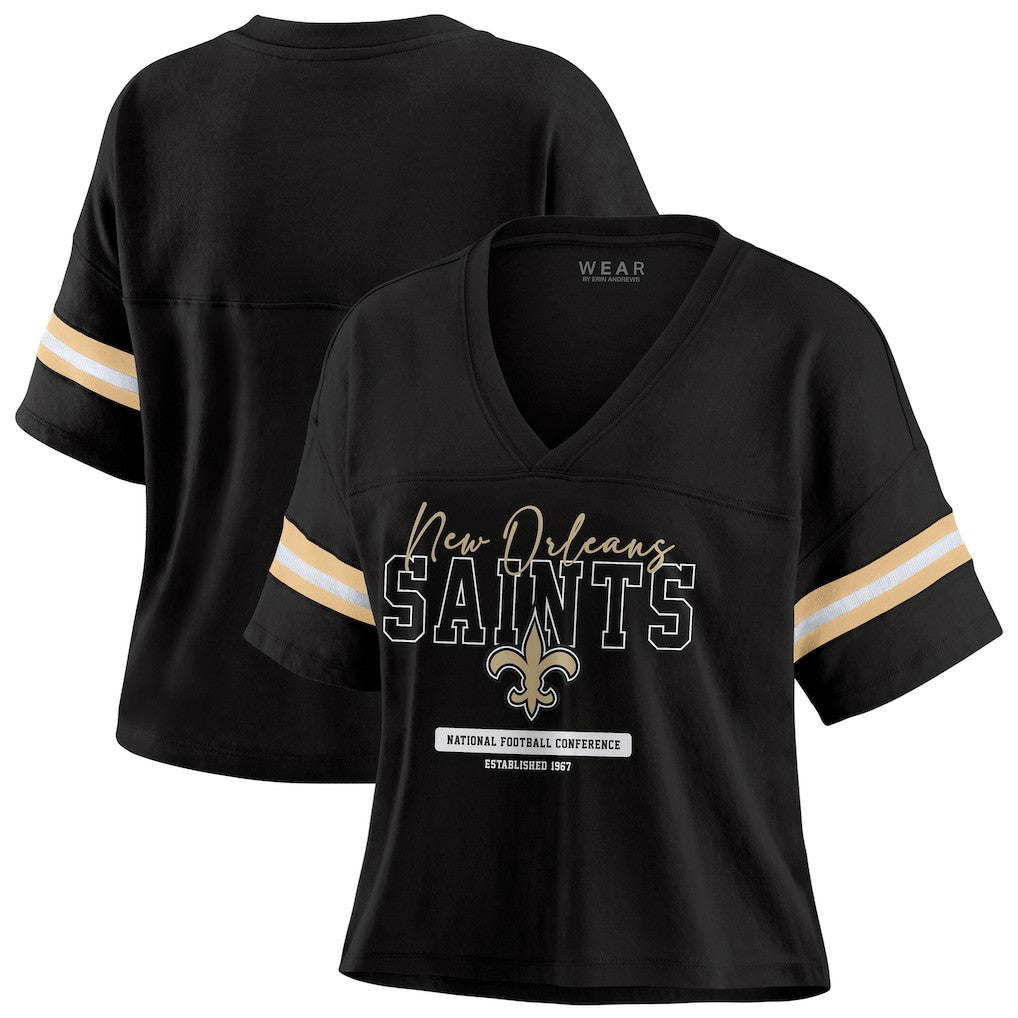 WEAR by Erin Andrews Women's Color Block Boxy Modest Crop V-Neck T-Shirt - New Orleans Saints