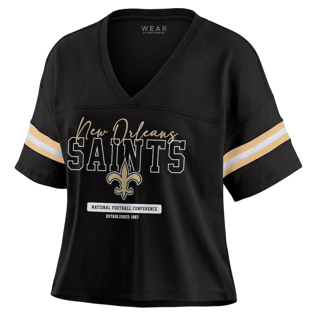WEAR by Erin Andrews Women's Color Block Boxy Modest Crop V-Neck T-Shirt - New Orleans Saints