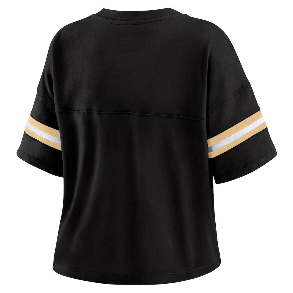 WEAR by Erin Andrews Women's Color Block Boxy Modest Crop V-Neck T-Shirt - New Orleans Saints