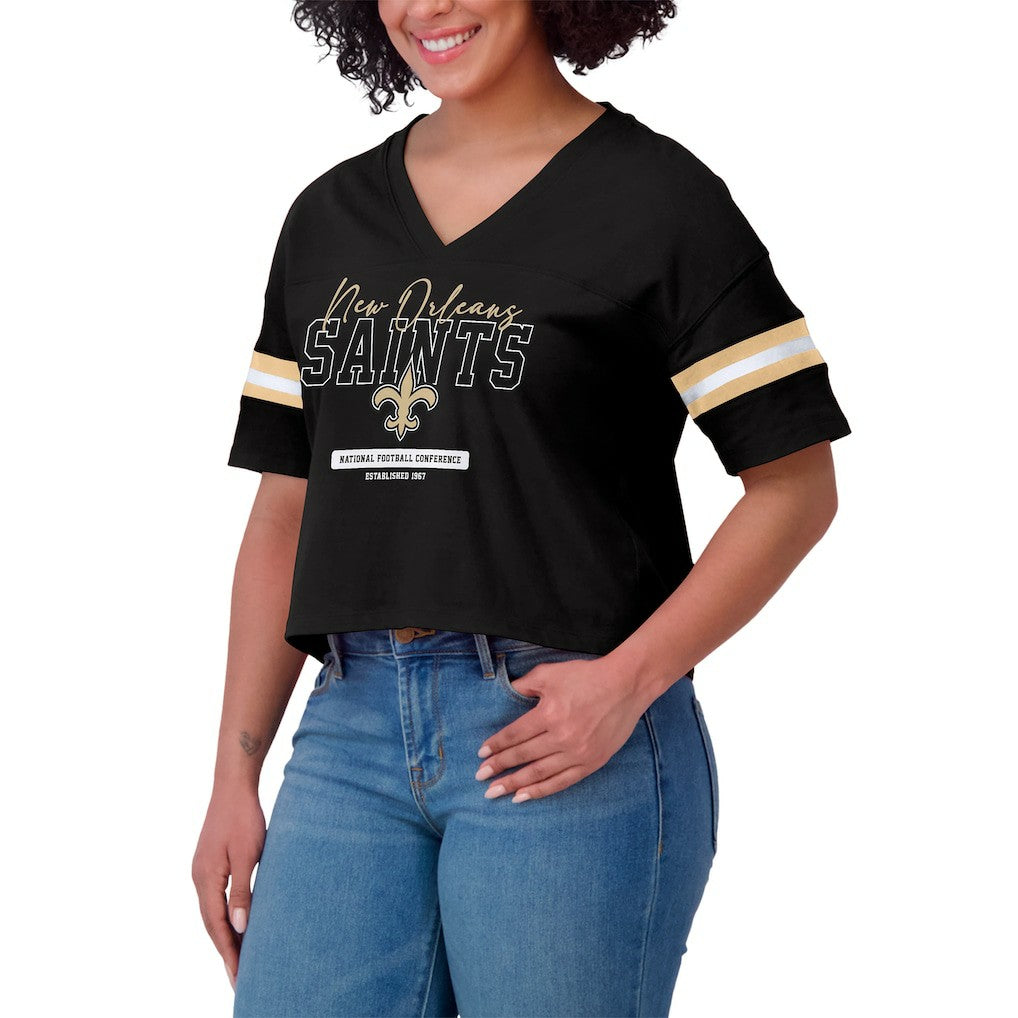 WEAR by Erin Andrews Women's Color Block Boxy Modest Crop V-Neck T-Shirt - New Orleans Saints
