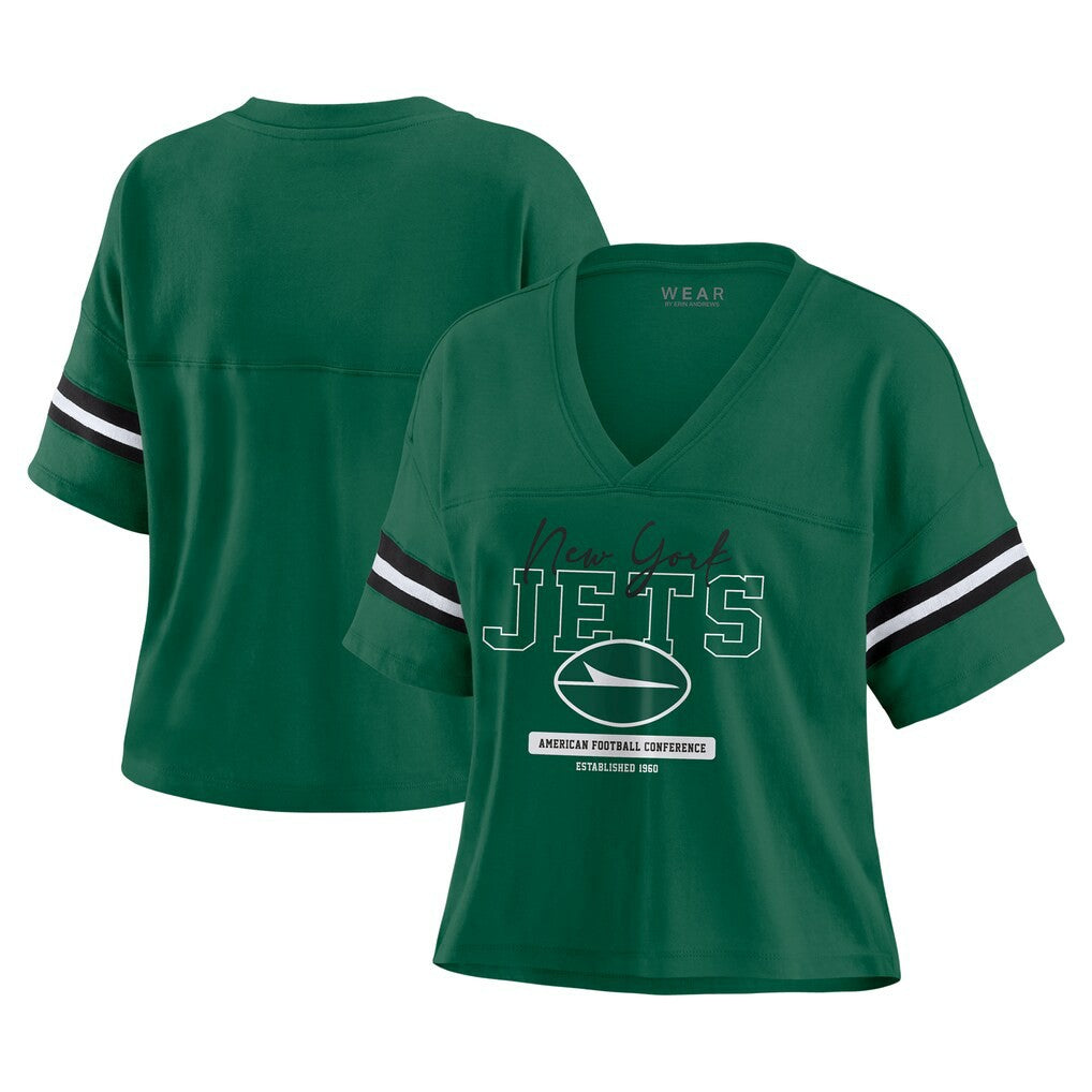 WEAR by Erin Andrews Women's Color Block Boxy Modest Crop V-Neck T-Shirt - New York Jets