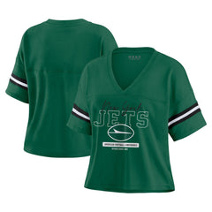 WEAR by Erin Andrews Women's Color Block Boxy Modest Crop V-Neck T-Shirt - New York Jets