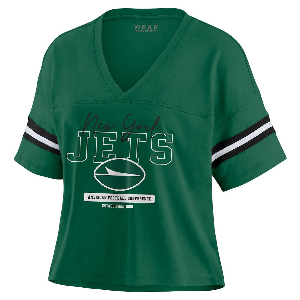 WEAR by Erin Andrews Women's Color Block Boxy Modest Crop V-Neck T-Shirt - New York Jets
