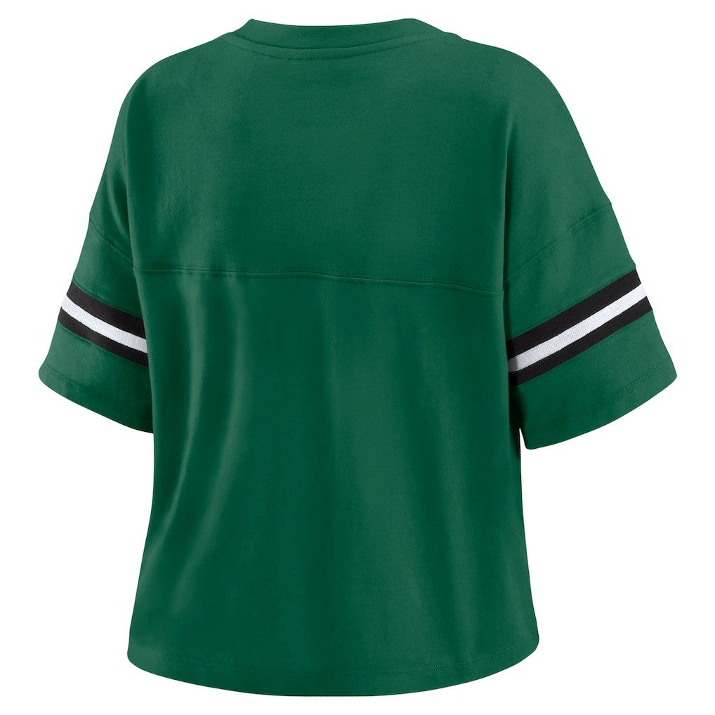 WEAR by Erin Andrews Women's Color Block Boxy Modest Crop V-Neck T-Shirt - New York Jets