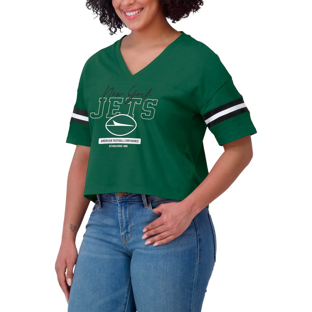 WEAR by Erin Andrews Women's Color Block Boxy Modest Crop V-Neck T-Shirt - New York Jets