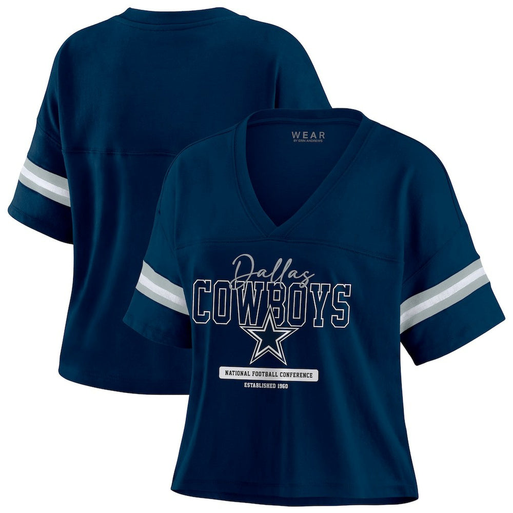 WEAR by Erin Andrews Women's Color Block Boxy Modest Crop V-Neck T-Shirt - Dallas Cowboys