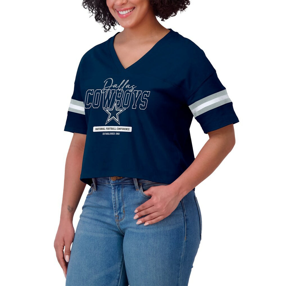 WEAR by Erin Andrews Women's Color Block Boxy Modest Crop V-Neck T-Shirt - Dallas Cowboys