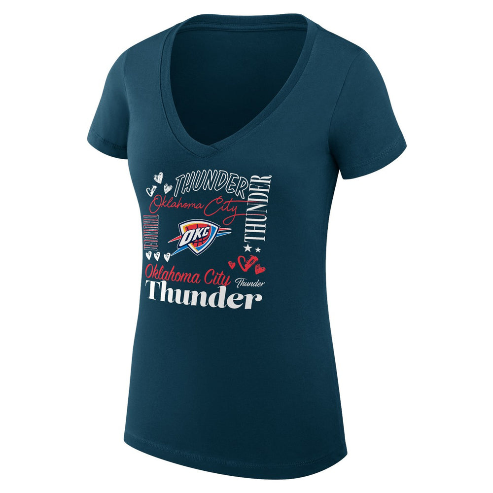 NBA Oklahoma City Thunder G-III 4Her by Carl Banks Women's Super-Slim Fit Lightweight Team Name Collage Graphic V-Neck T-Shirt
