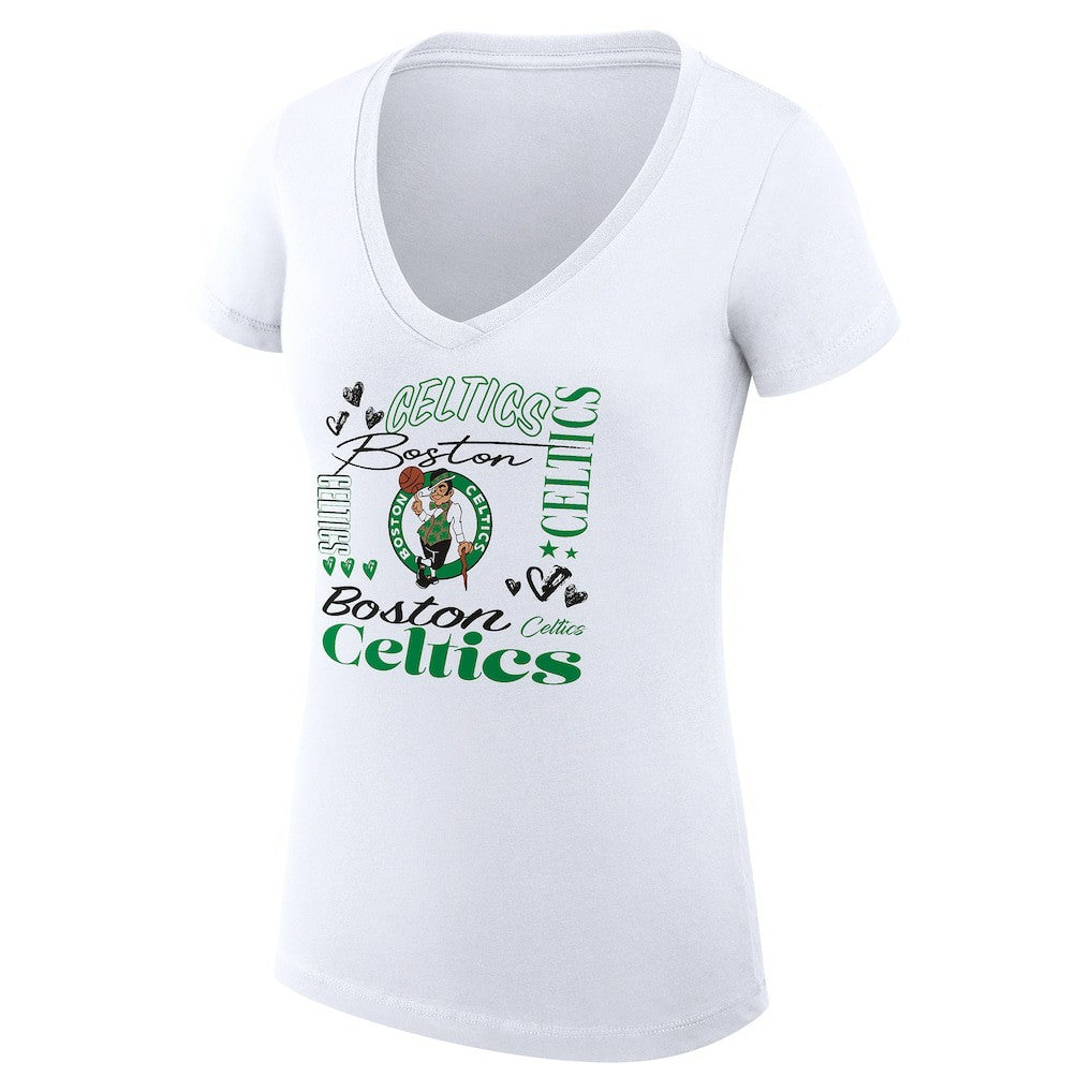 NBA Boston Celtics G-III 4Her by Carl Banks Women's Super-Slim Fit Lightweight Team Name Collage Graphic V-Neck T-Shirt