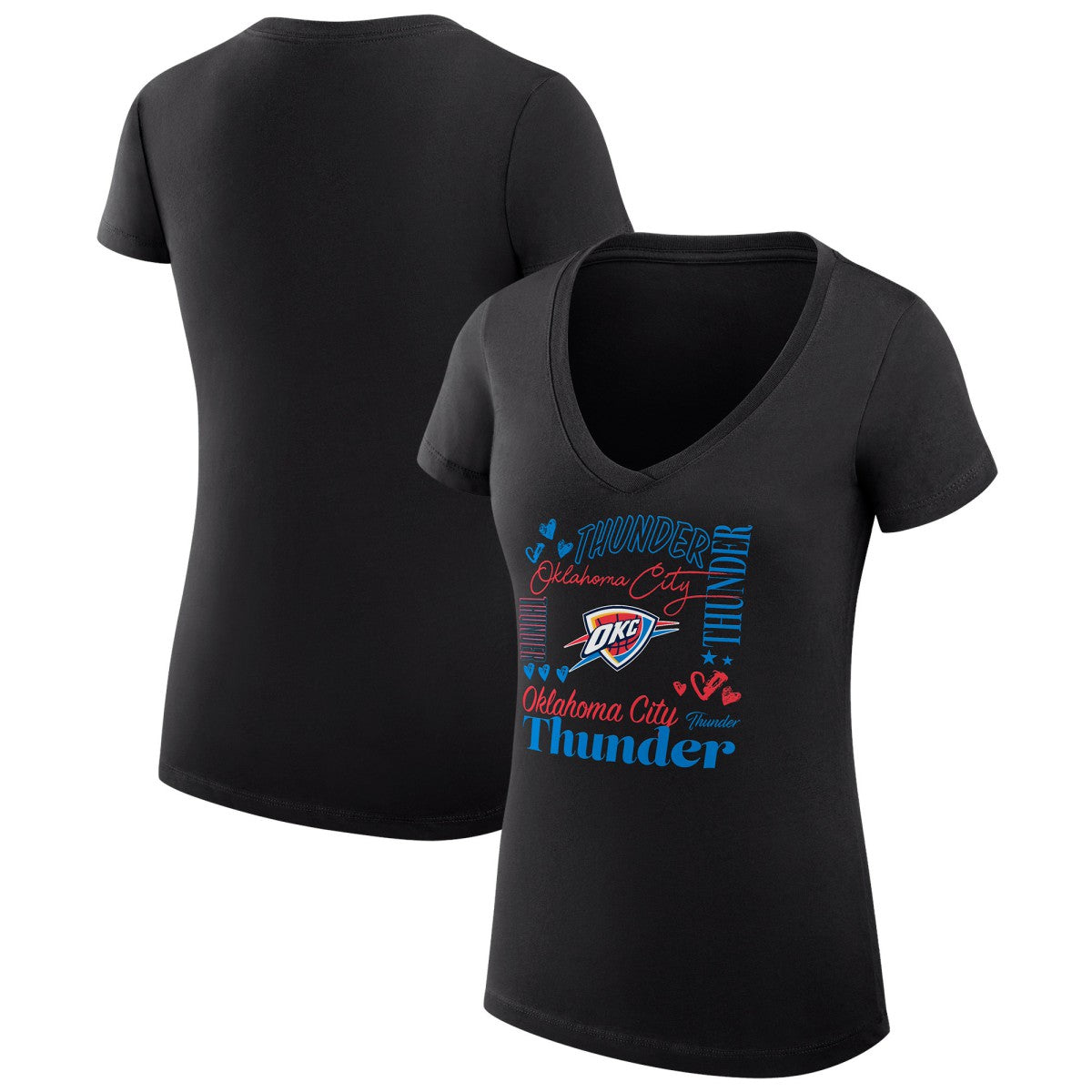 NBA Oklahoma City Thunder G-III 4Her by Carl Banks Women's Super-Slim Fit Lightweight Team Name Collage Graphic V-Neck T-Shirt