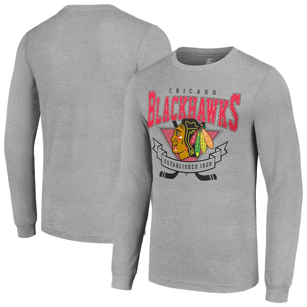 NHL Heather Gray Chicago Blackhawks Starter '80s Inspired Team Logo Long Sleeve T-Shirt