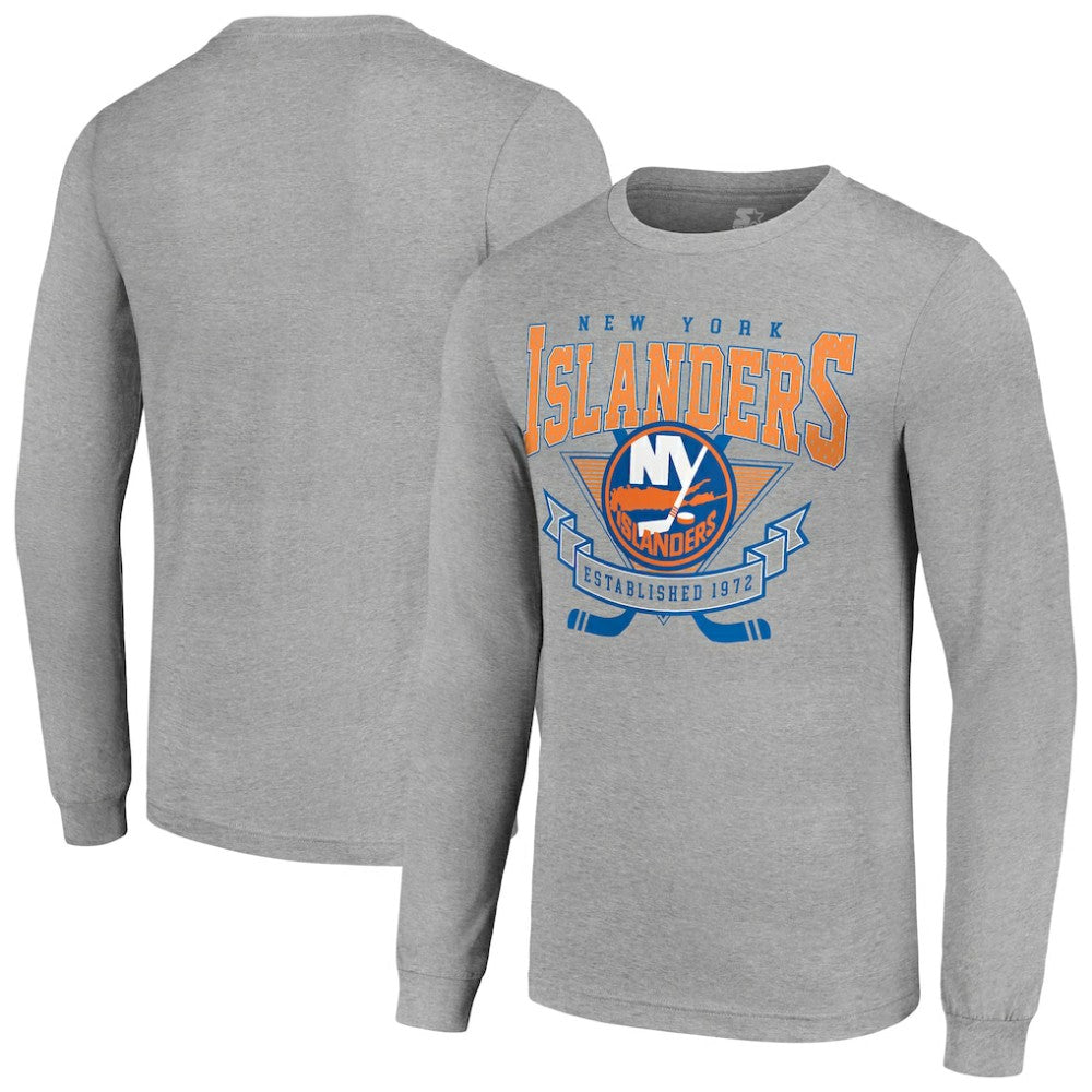 NHL Heather Gray New York Islanders Starter '80s Inspired Team Logo Long Sleeve T-Shirt