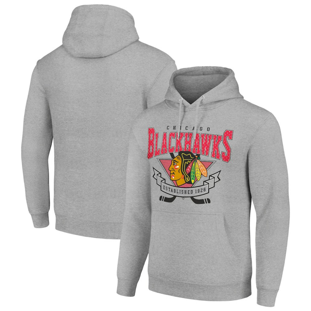 NHL Heather Gray Chicago Blackhawks Starter Team Logo Graphic Fleece Tri-Blend Pullover Hoodie