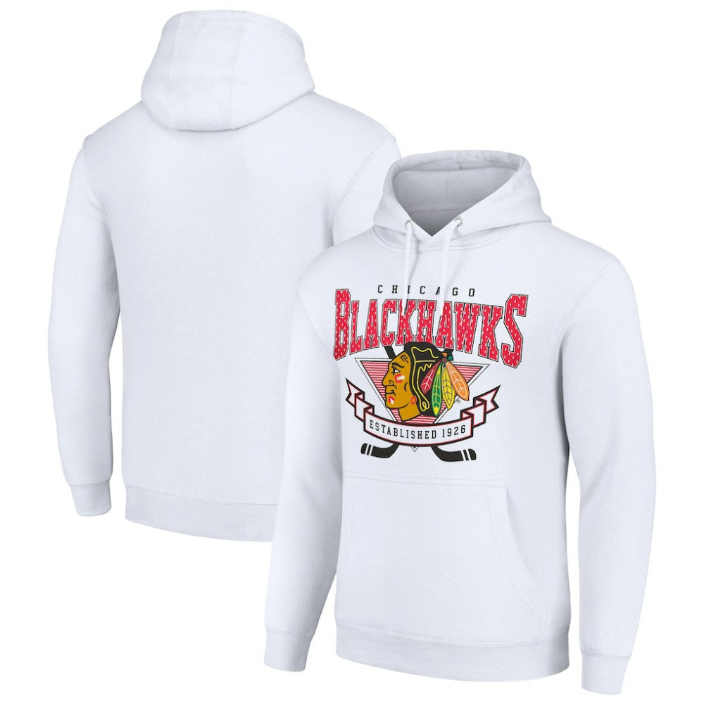 NHL White Chicago Blackhawks Starter Team Logo Graphic Fleece Tri-Blend Pullover Hoodie