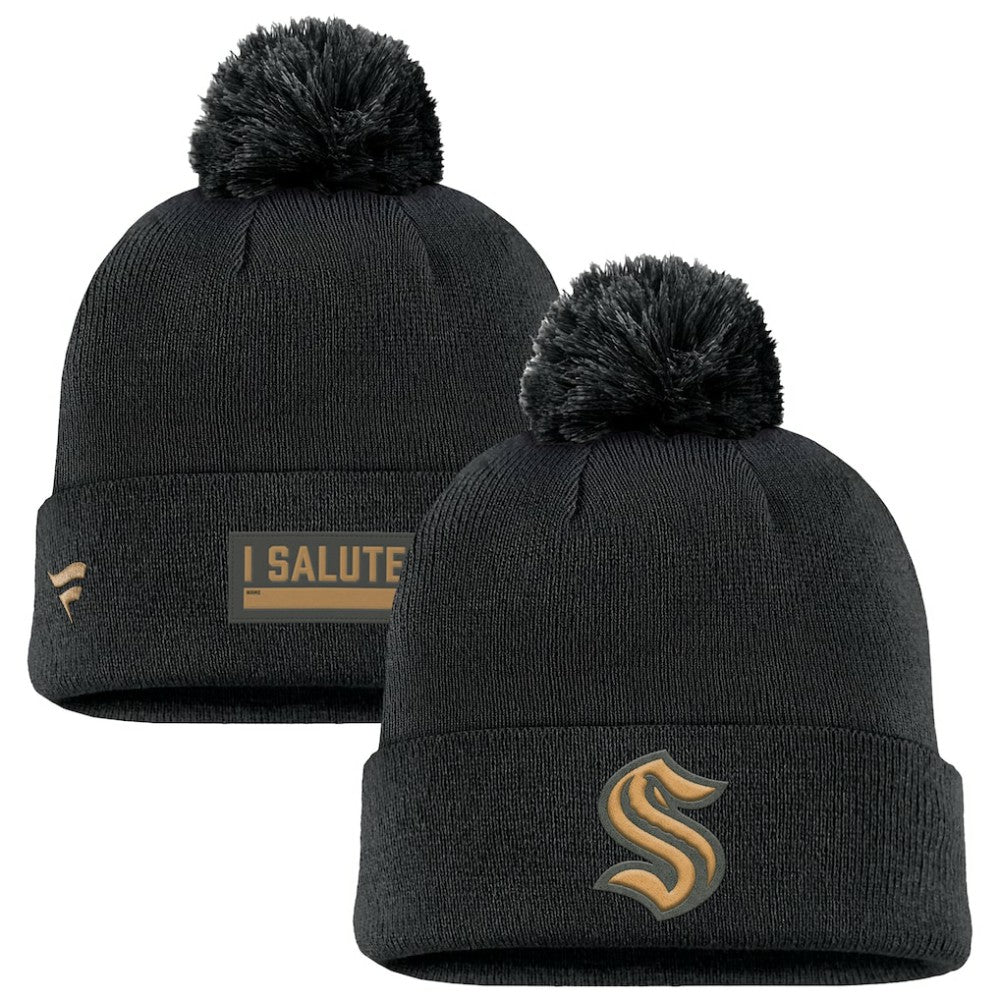 NHL Black Seattle Kraken Fanatics Military Appreciation Cuffed Knit Hat with Pom