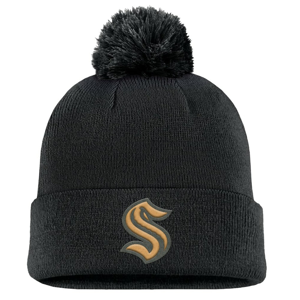 NHL Black Seattle Kraken Fanatics Military Appreciation Cuffed Knit Hat with Pom