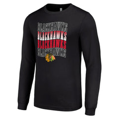 NHL Black Chicago Blackhawks Starter Four Team Name Logo Long Sleeve Graphic T-Shirt