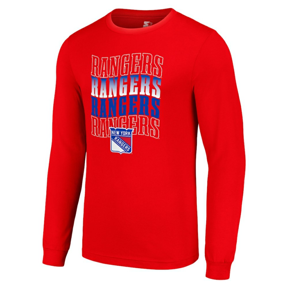 NHL Red New York Rangers Starter Four Team Name Logo Long Sleeve Graphic T-Shirt