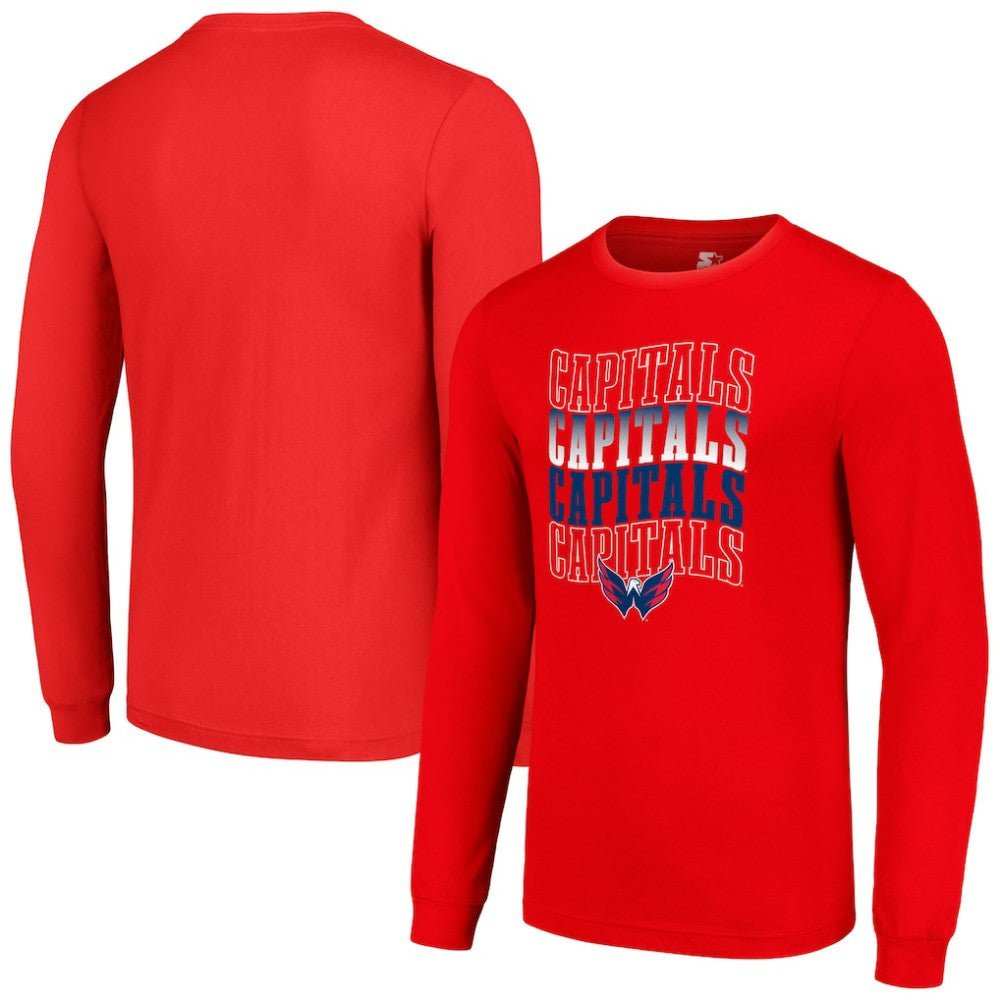 NHL Red Washington Capitals Starter Four Team Name Logo Long Sleeve Graphic T-Shirt
