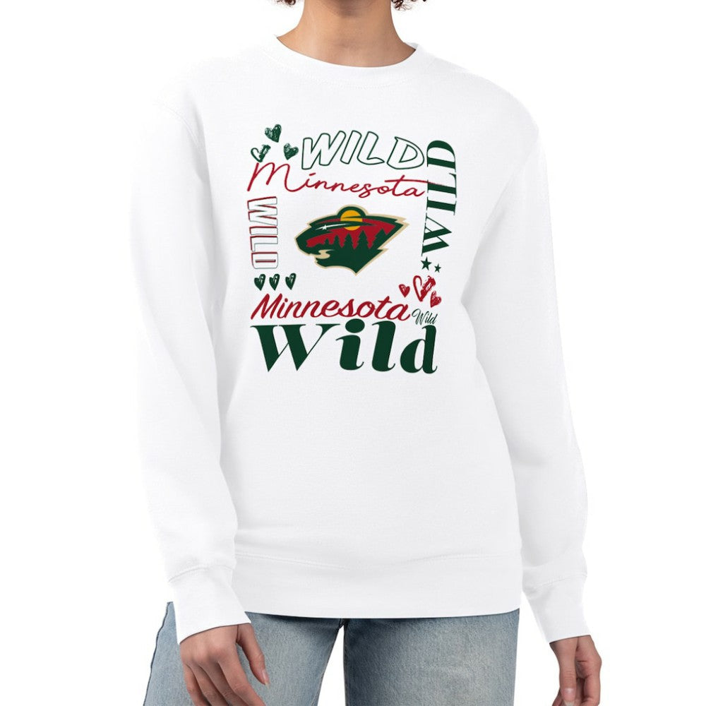 NHL White Minnesota Wild G-III 4Her by Carl Banks Women's Collage Graphic Fleece Long Sleeve Pullover Sweatshirt
