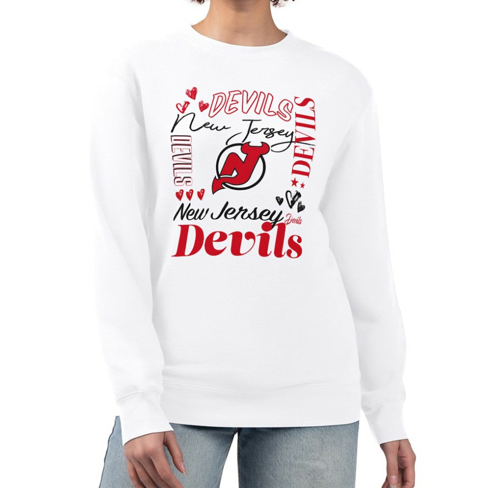 NHL White New Jersey Devils G-III 4Her by Carl Banks Women's Collage Graphic Fleece Long Sleeve Pullover Sweatshirt