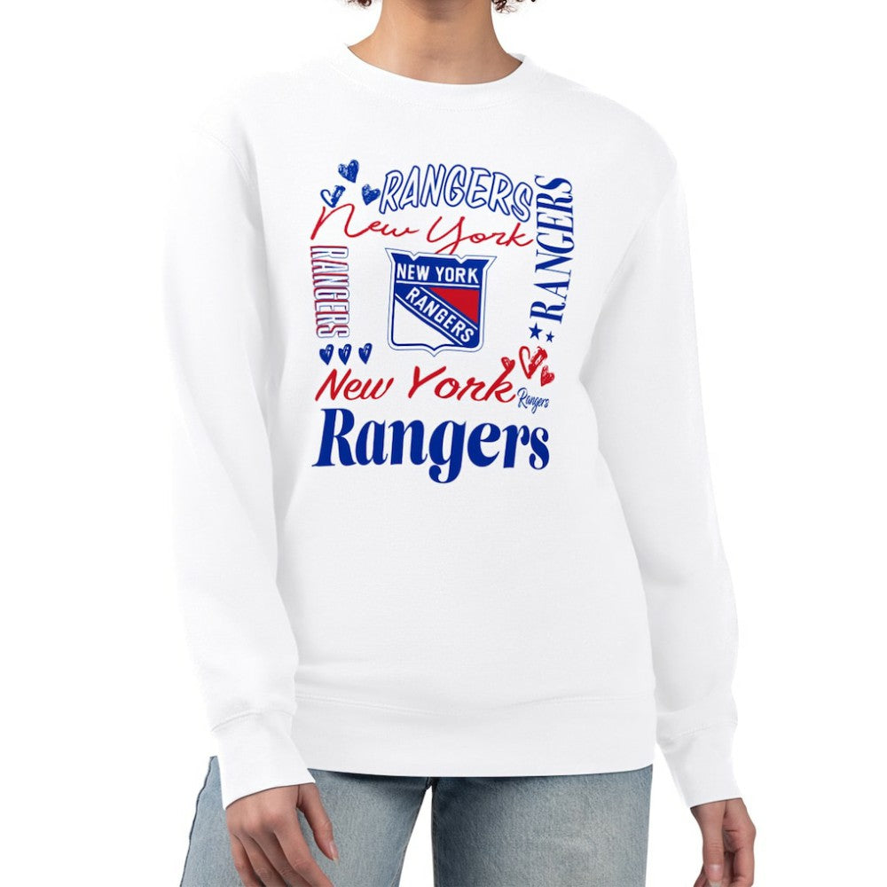 NHL White New York Rangers G-III 4Her by Carl Banks Women's Collage Graphic Fleece Long Sleeve Pullover Sweatshirt