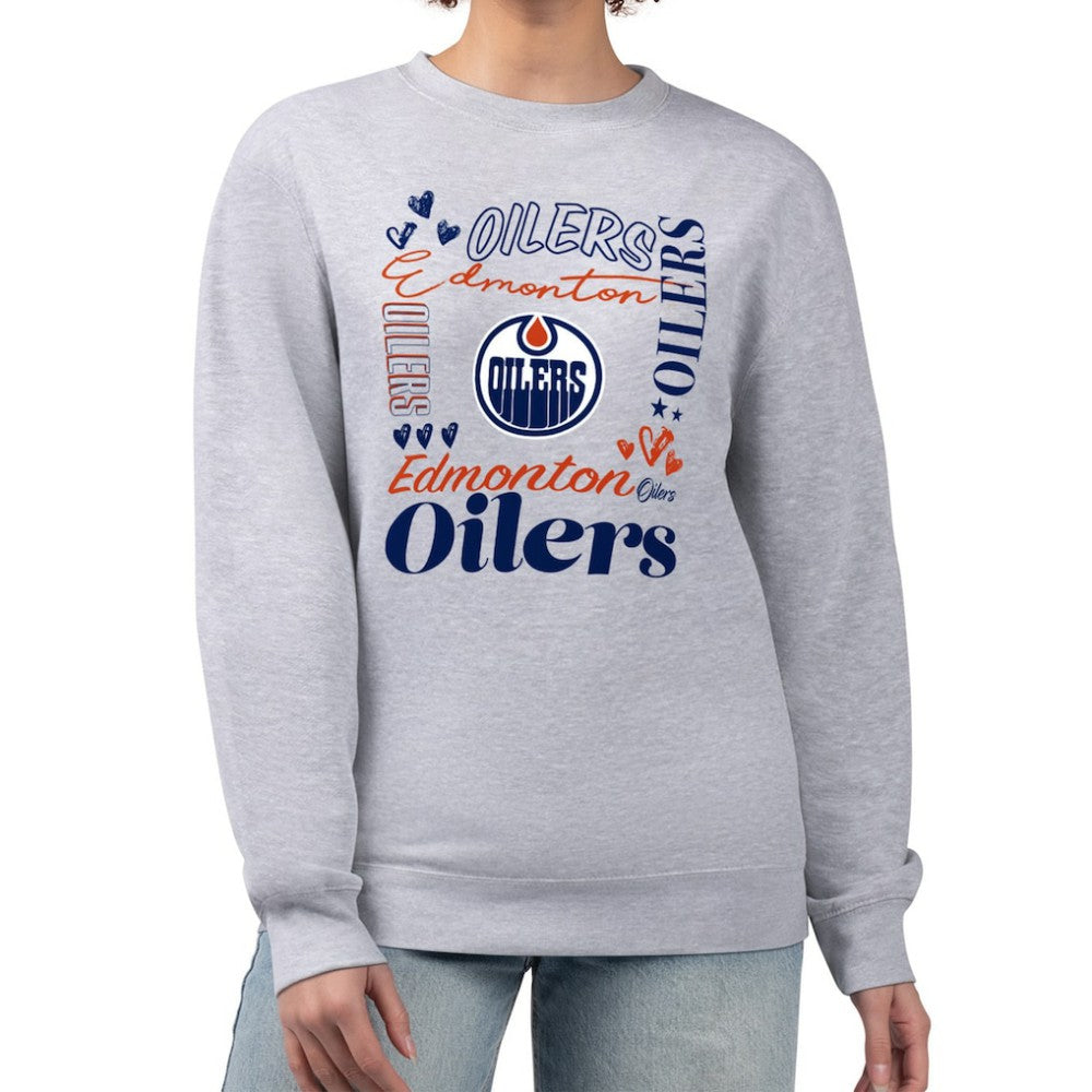 NHL Heather Gray Edmonton Oilers G-III 4Her by Carl Banks Women's Collage Graphic Fleece Long Sleeve Pullover Sweatshirt