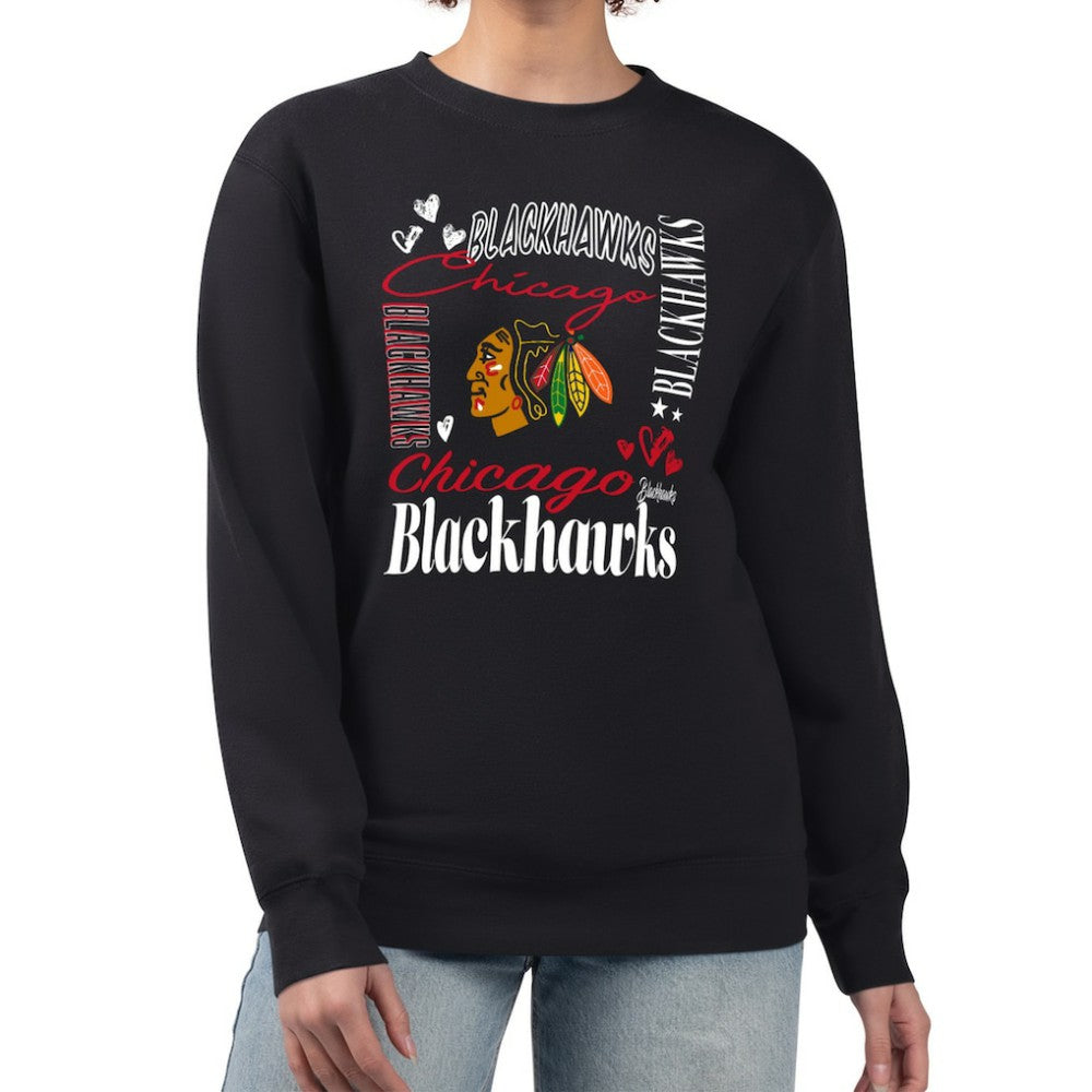 NHL Black Chicago Blackhawks G-III 4Her by Carl Banks Women's Collage Graphic Fleece Long Sleeve Pullover Sweatshirt